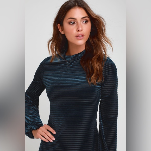 Lulus Ticket to Chic Navy Blue Striped Velvet Balloon Sleeve Dress - Picture 3 of 13